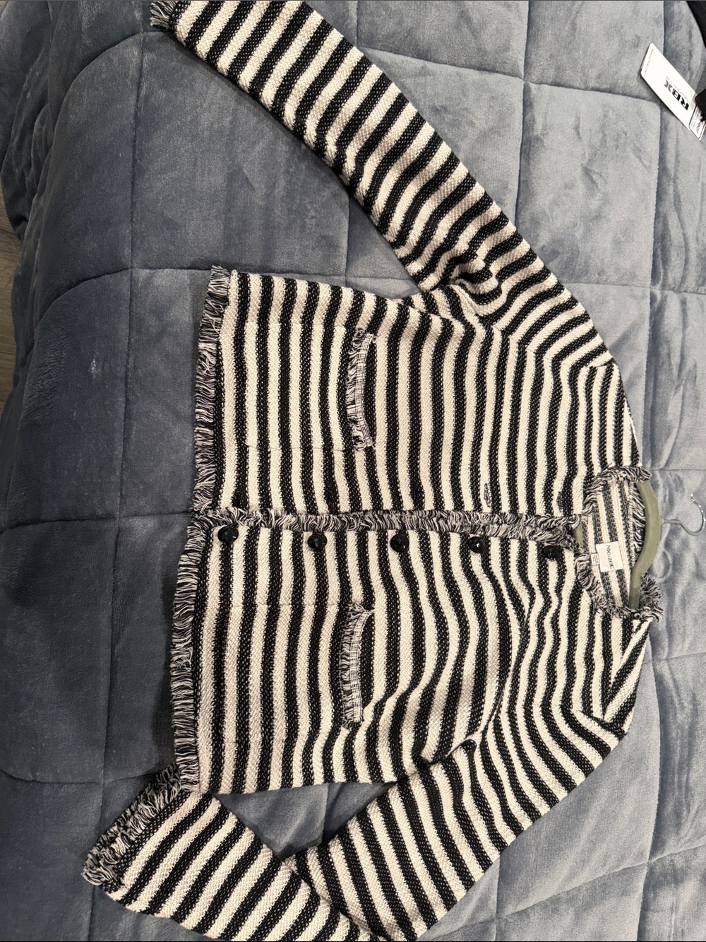 NIC+ZOE Black and White Striped Fringe Knit Blazer